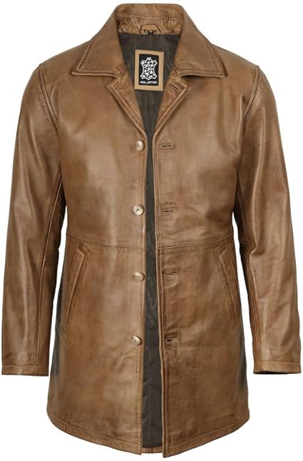 Men’s Vintage-Style Long Leather Coat – Classic Blingsoul Leather Jacket