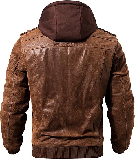 Men’s Brown Leather Motorcycle Jacket – Removable Hood, Classic Biker Style