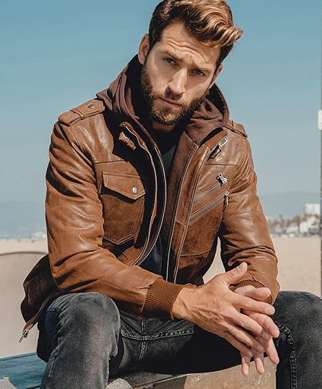 Men’s Brown Leather Motorcycle Jacket – Removable Hood, Classic Biker Style