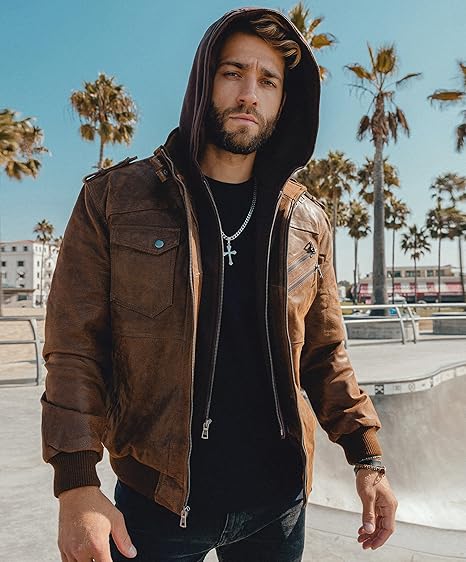 Men’s Brown Leather Motorcycle Jacket – Removable Hood, Classic Biker Style