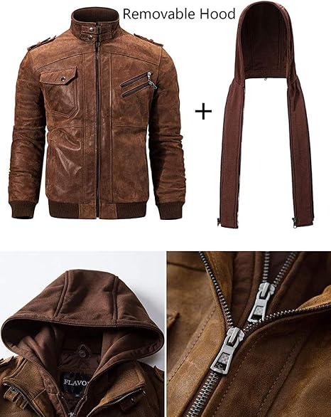 Men’s Brown Leather Motorcycle Jacket – Removable Hood, Classic Biker Style