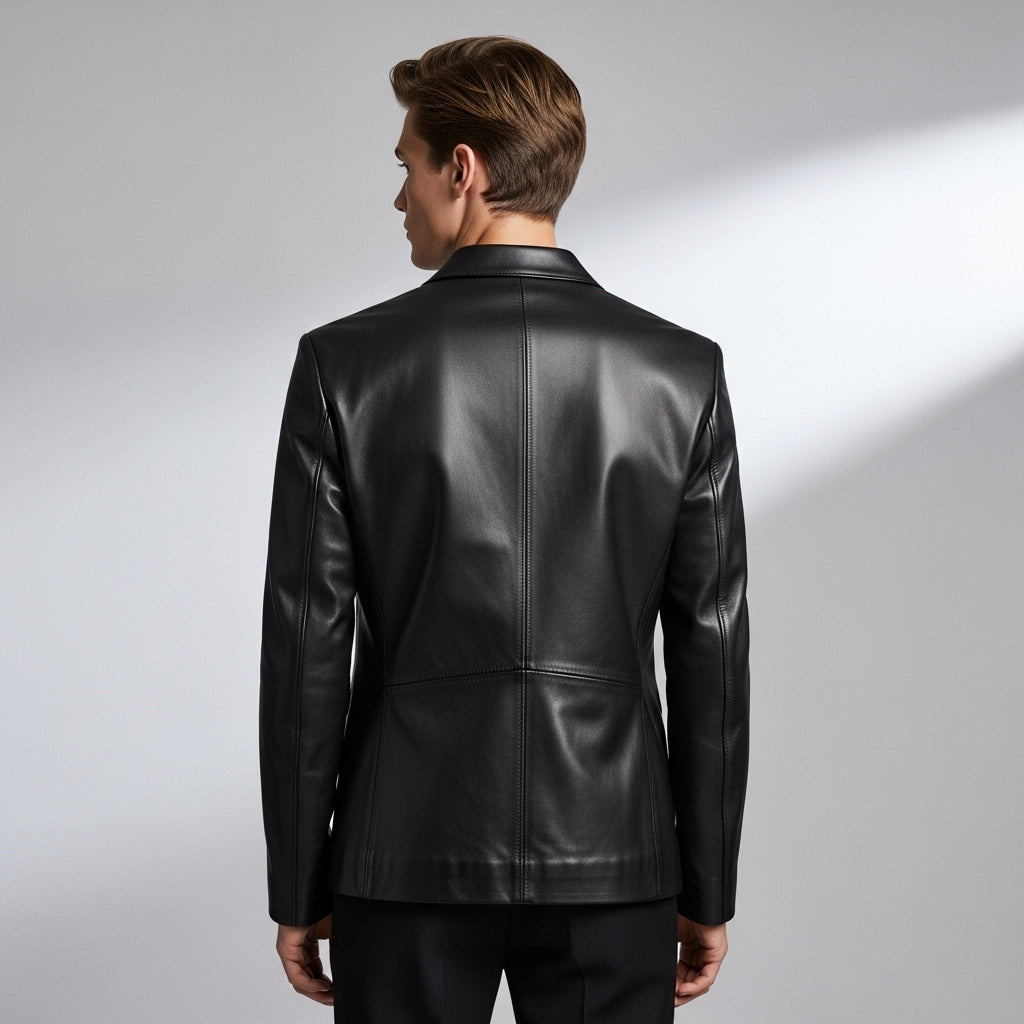 Men’s Black Genuine Leather Blazer – Slim Fit Notch Lapel Jacket