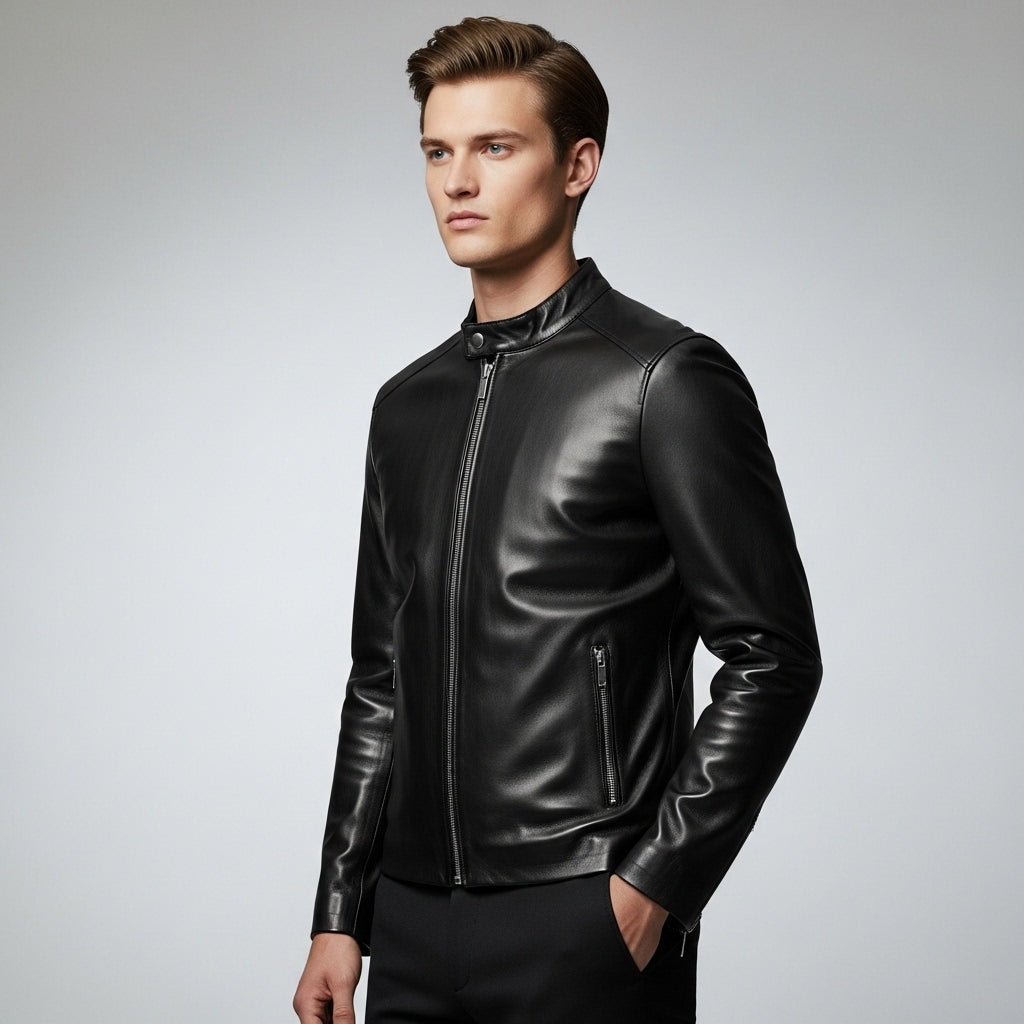 Men’s Black Genuine Leather Biker Jacket – Slim Fit with Stand Collar