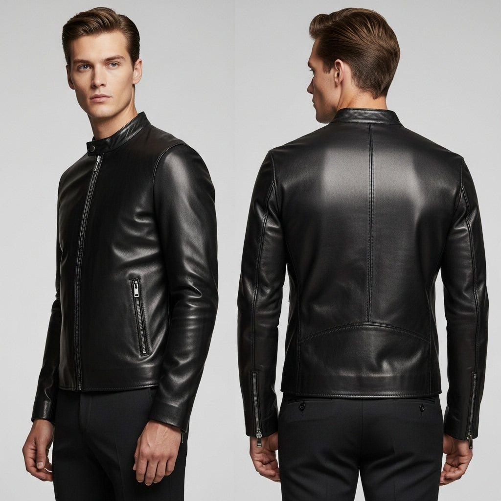 Men’s Black Genuine Leather Biker Jacket – Slim Fit with Stand Collar