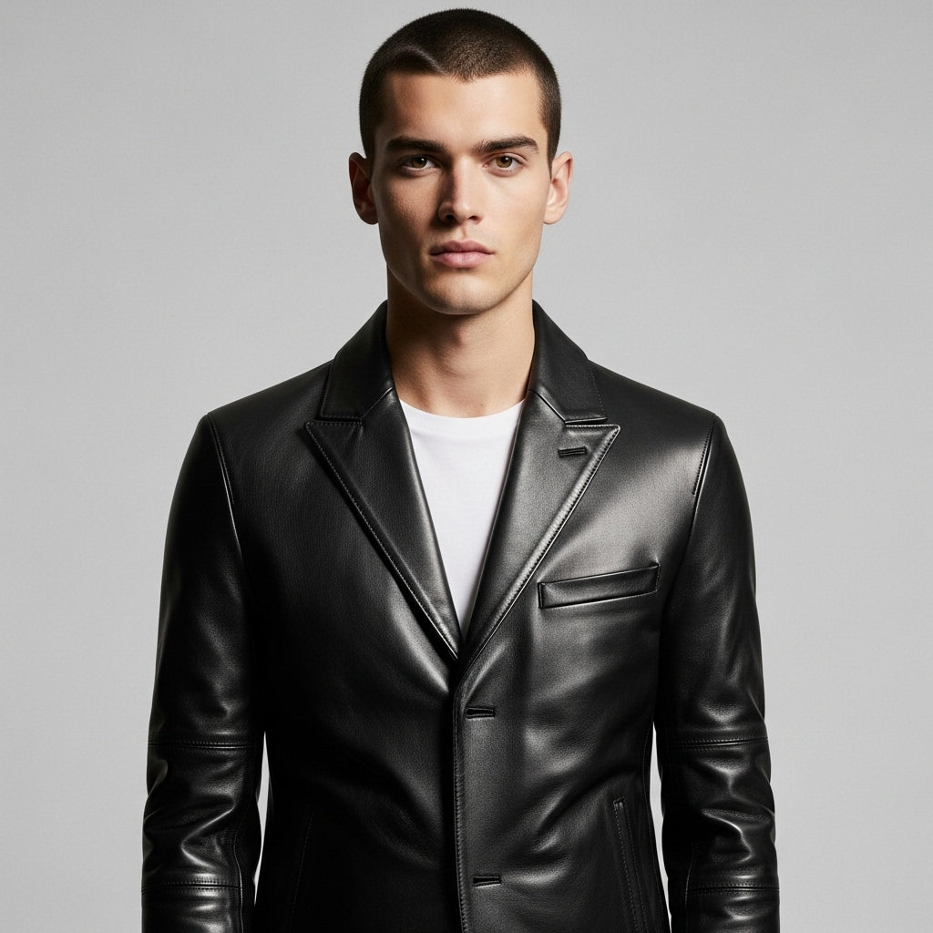 Men’s Black Genuine Leather Blazer – Slim Fit Notch Lapel Jacket