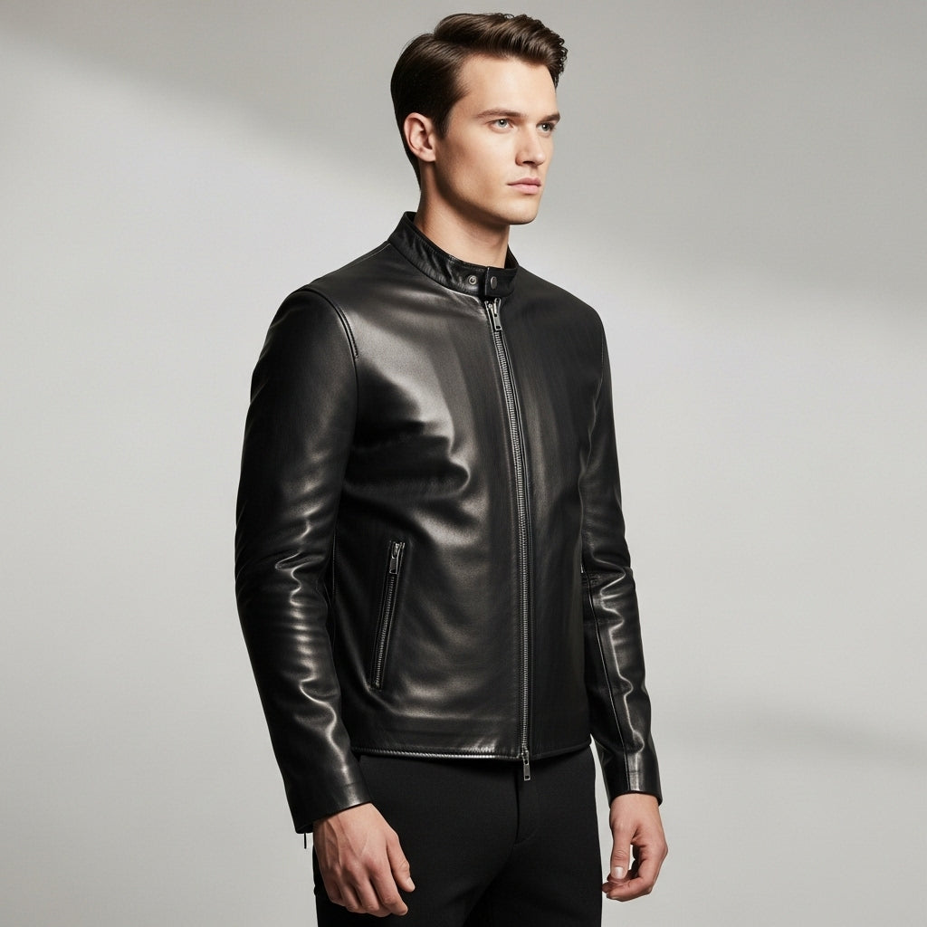 Men’s Black Genuine Leather Biker Jacket – Slim Fit with Stand Collar