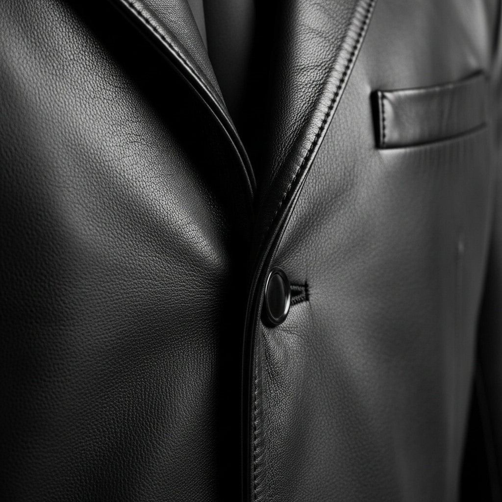 Men’s Black Genuine Leather Blazer – Slim Fit Notch Lapel Jacket