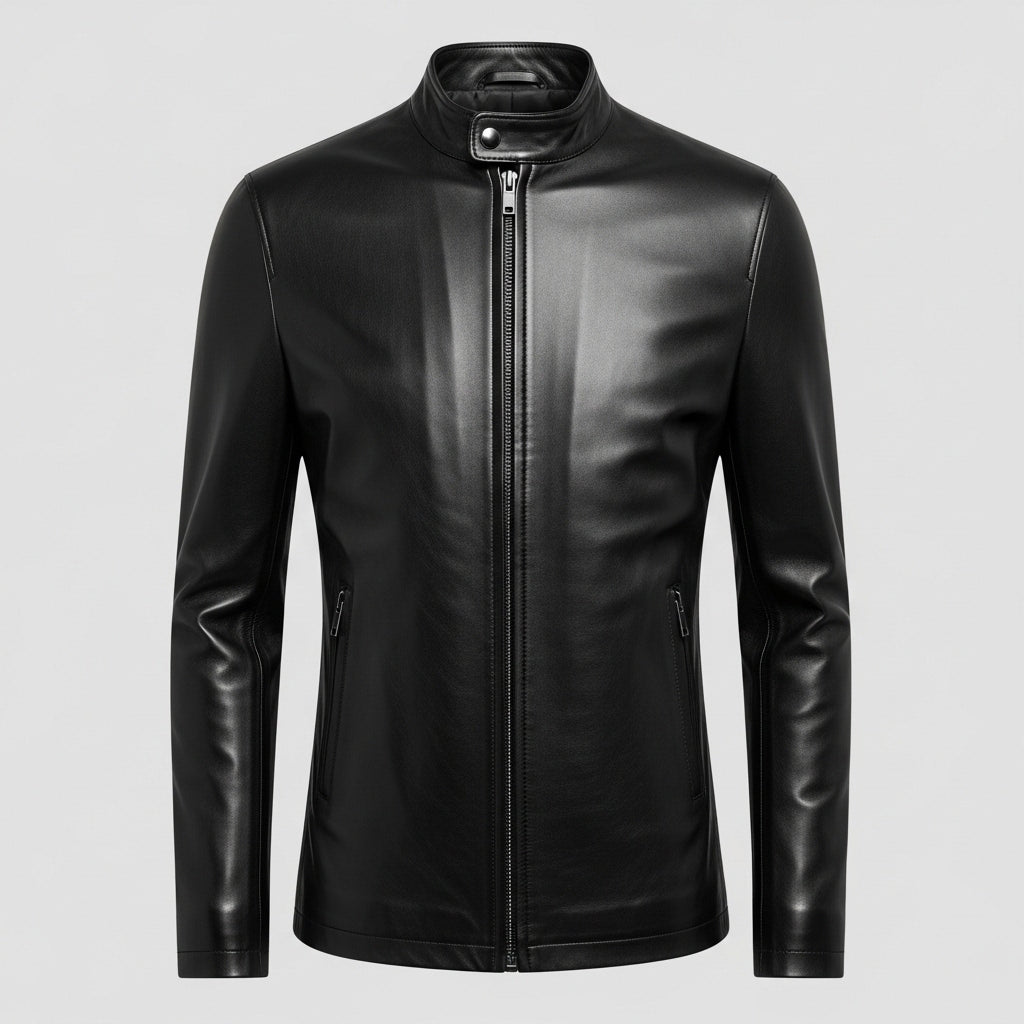 Men’s Black Genuine Leather Biker Jacket – Slim Fit with Stand Collar