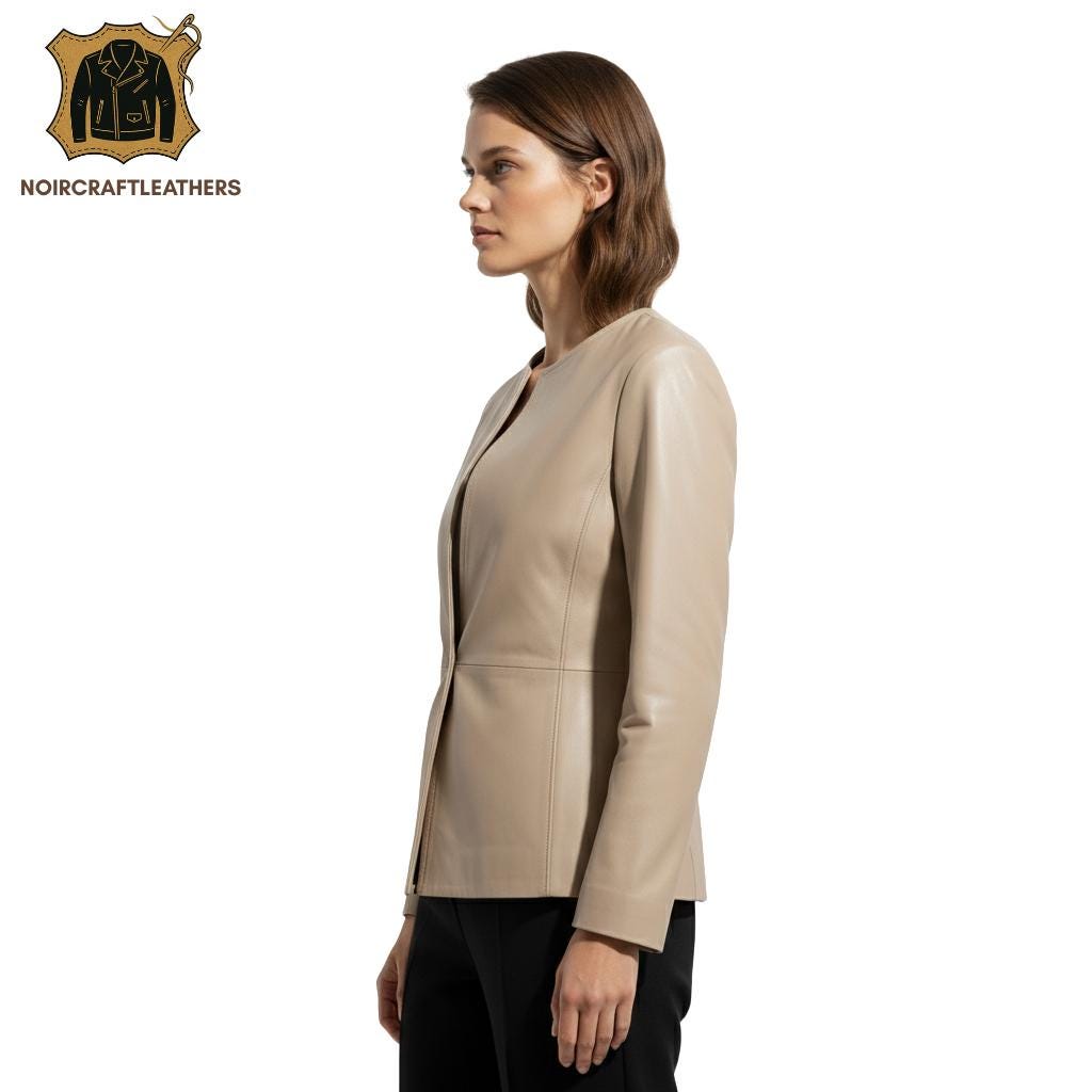 Beige Lambskin Leather Blazer: Women's Lightweight Spring Jacket