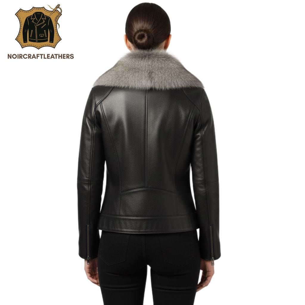 Black Leather Jacket with Real Fur Collar: Handmade Shearling Winter Coat