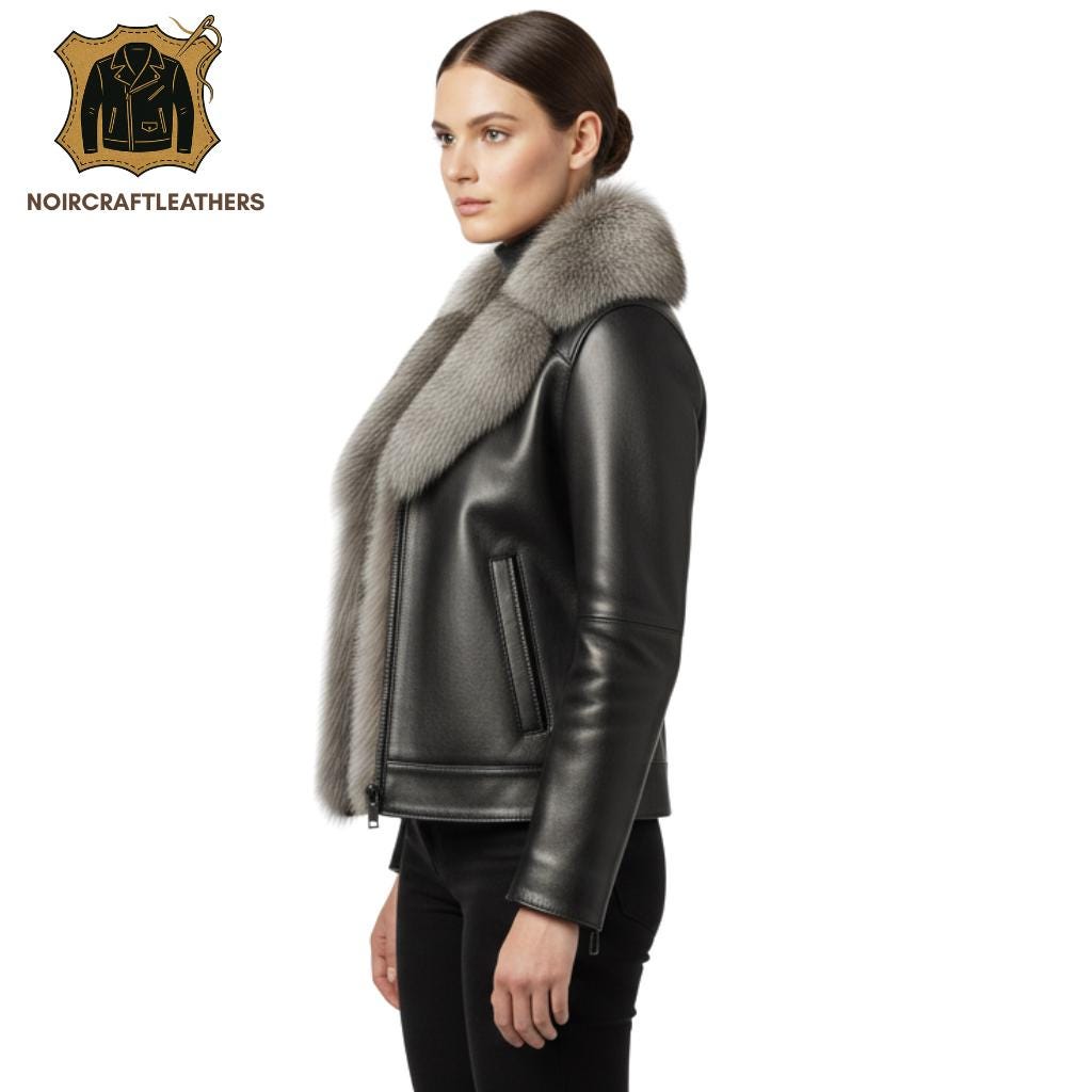 Black Leather Jacket with Real Fur Collar: Handmade Shearling Winter Coat