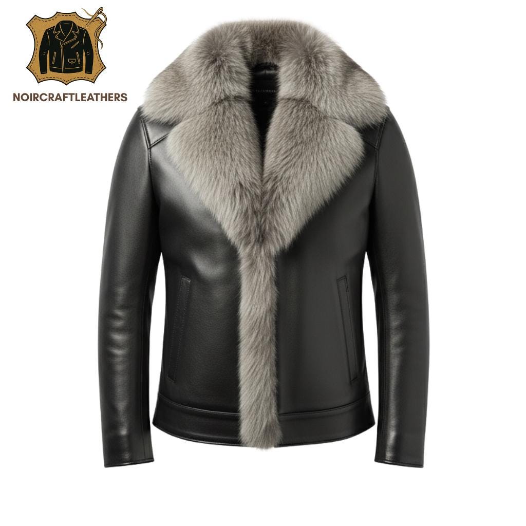 Black Leather Jacket with Real Fur Collar: Handmade Shearling Winter Coat