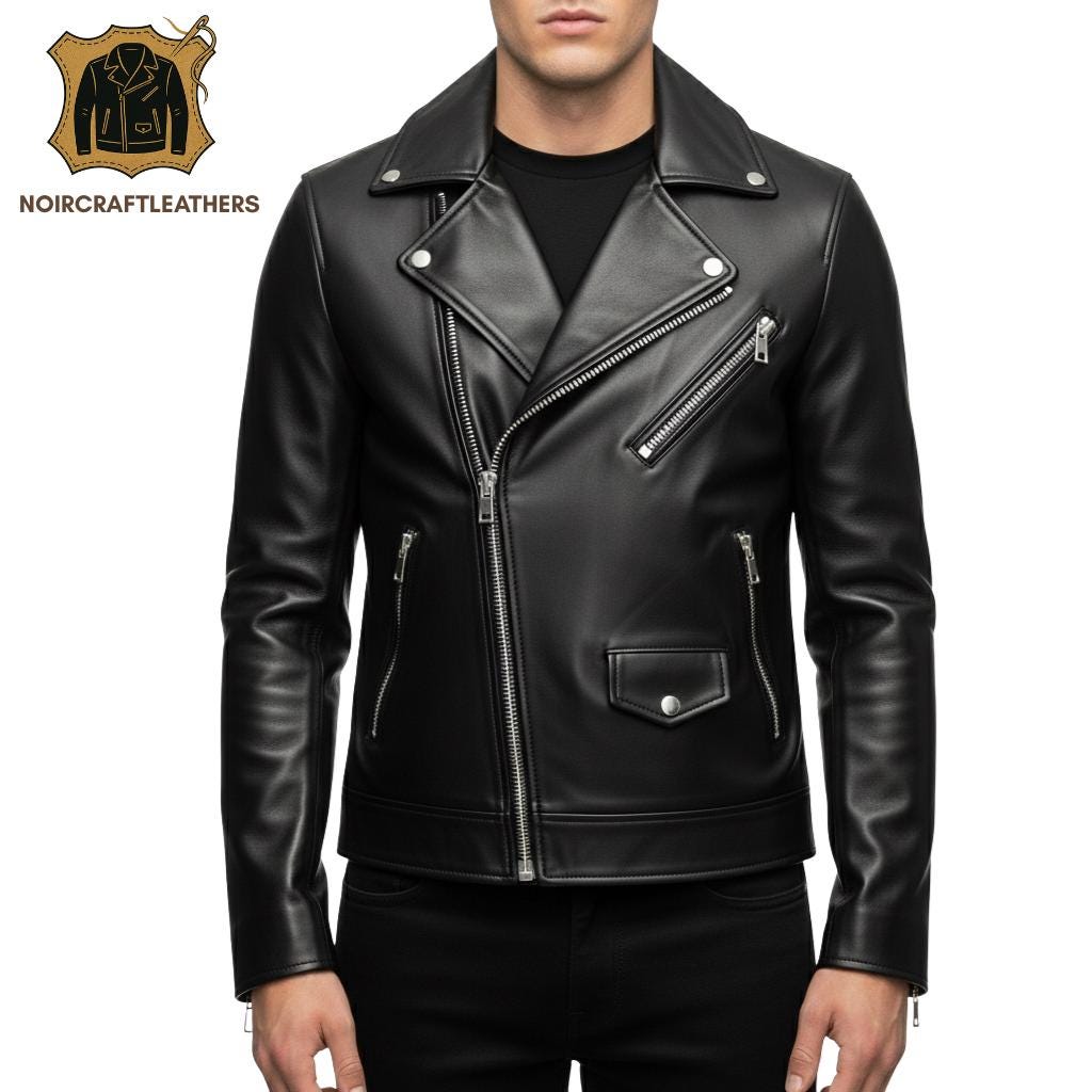 Black Lambskin Leather Biker Jacket: Slim Fit Moto Style