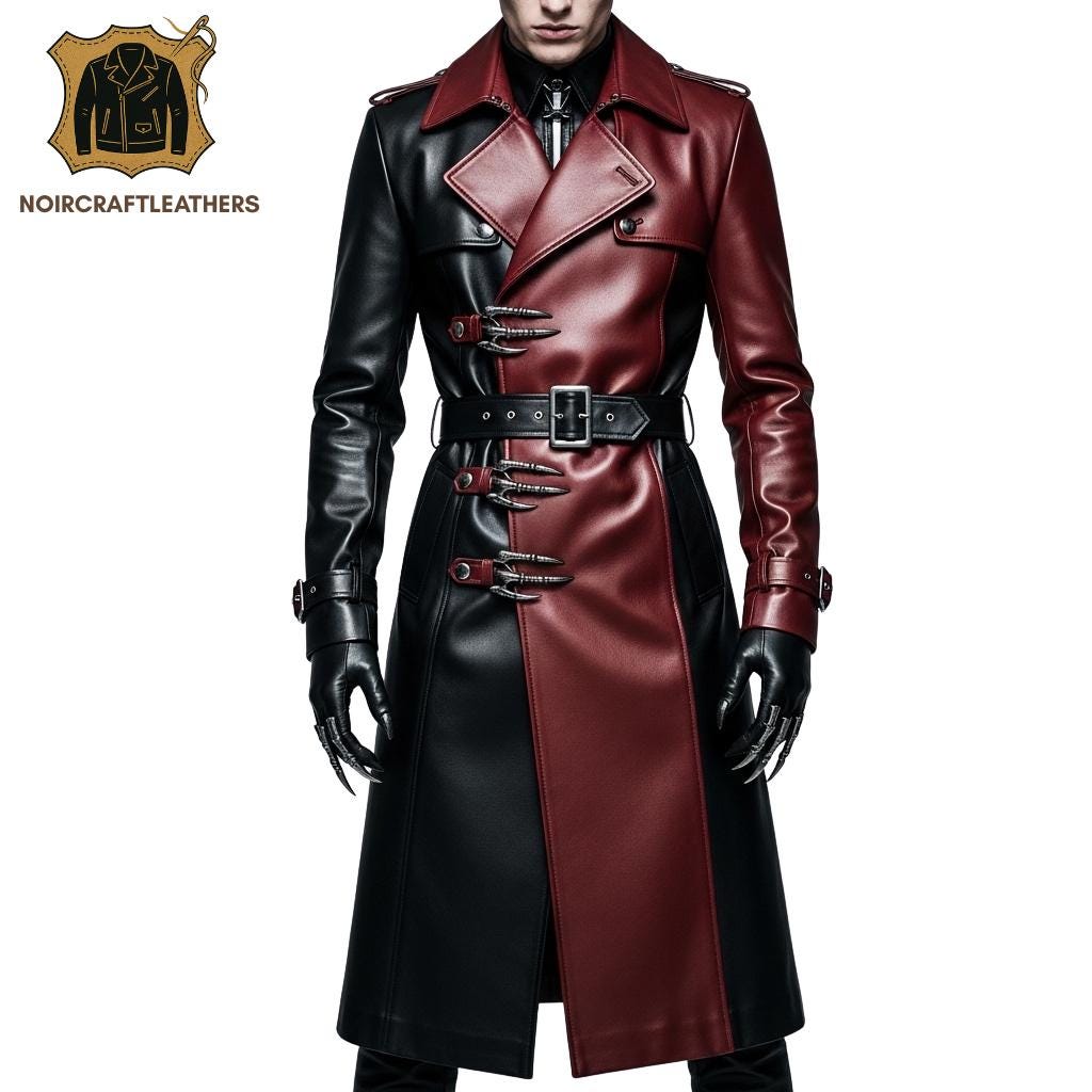 Men's Two-Tone Leather Trench Coat: Steampunk Goth Overcoat with Claw Accents