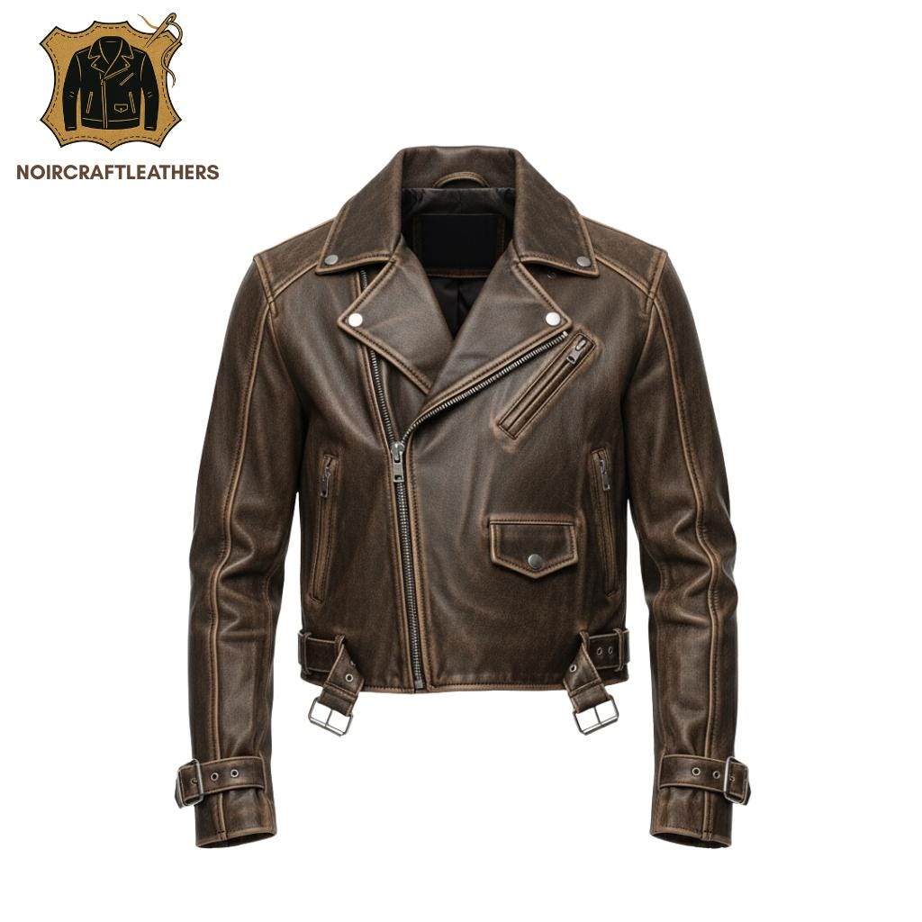 Men's Distressed Brown Biker Leather Jacket, Vintage Asymmetrical Motorcycle Style with Lapel Collar and Adjustable Waist Straps