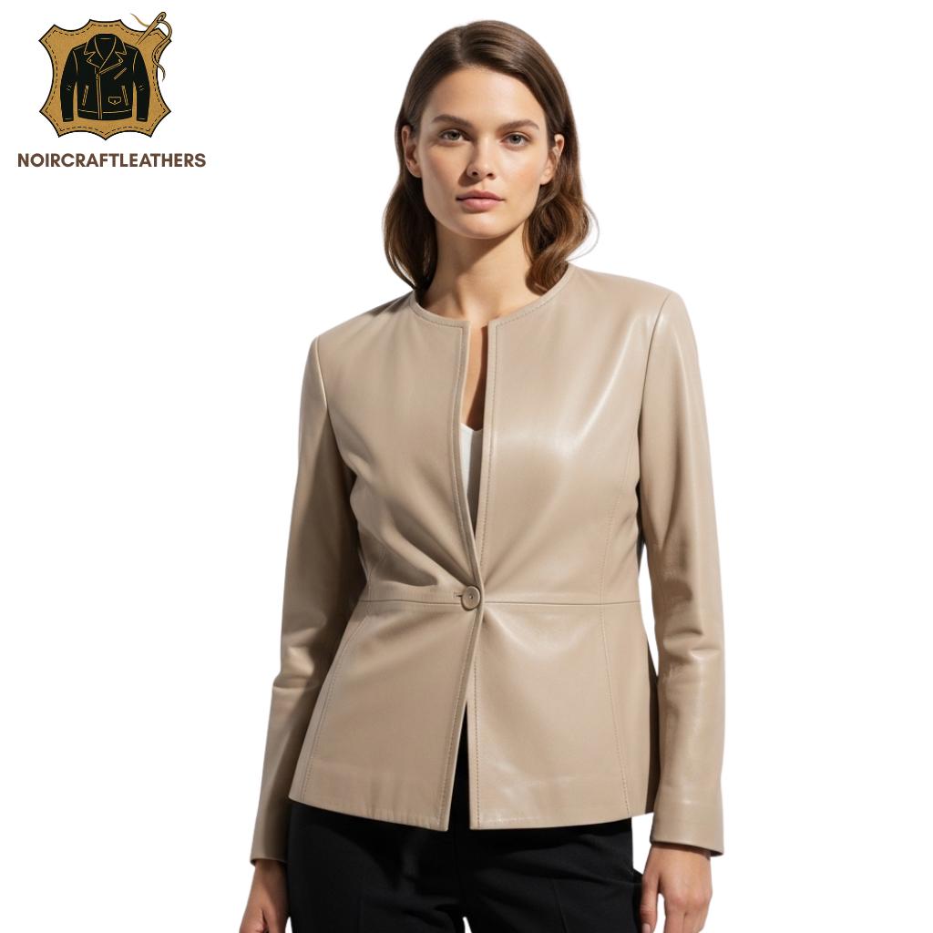 Beige Lambskin Leather Blazer: Women's Lightweight Spring Jacket