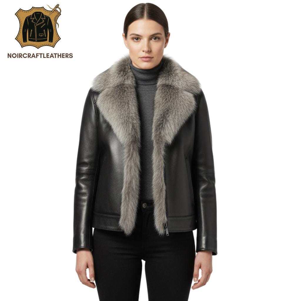 Black Leather Jacket with Real Fur Collar: Handmade Shearling Winter Coat