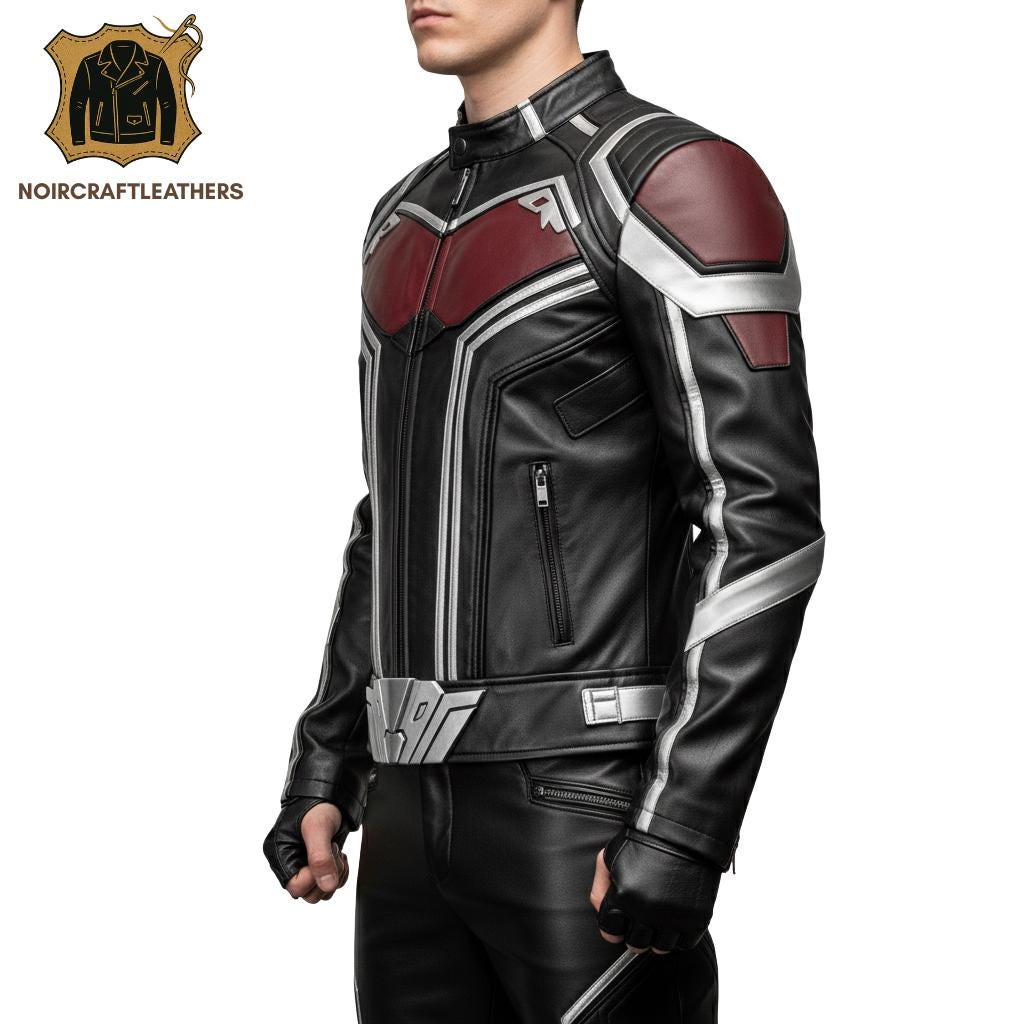 Black & Maroon Leather Superhero Motorcycle Jacket: Slim Fit Cosplay Biker