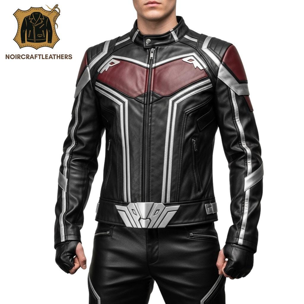 Black & Maroon Leather Superhero Motorcycle Jacket: Slim Fit Cosplay Biker