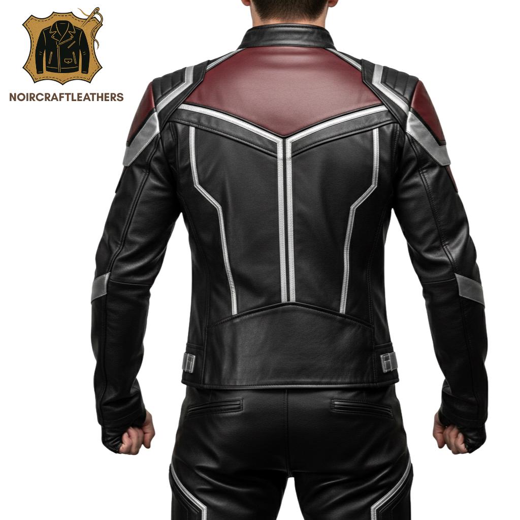 Black & Maroon Leather Superhero Motorcycle Jacket: Slim Fit Cosplay Biker