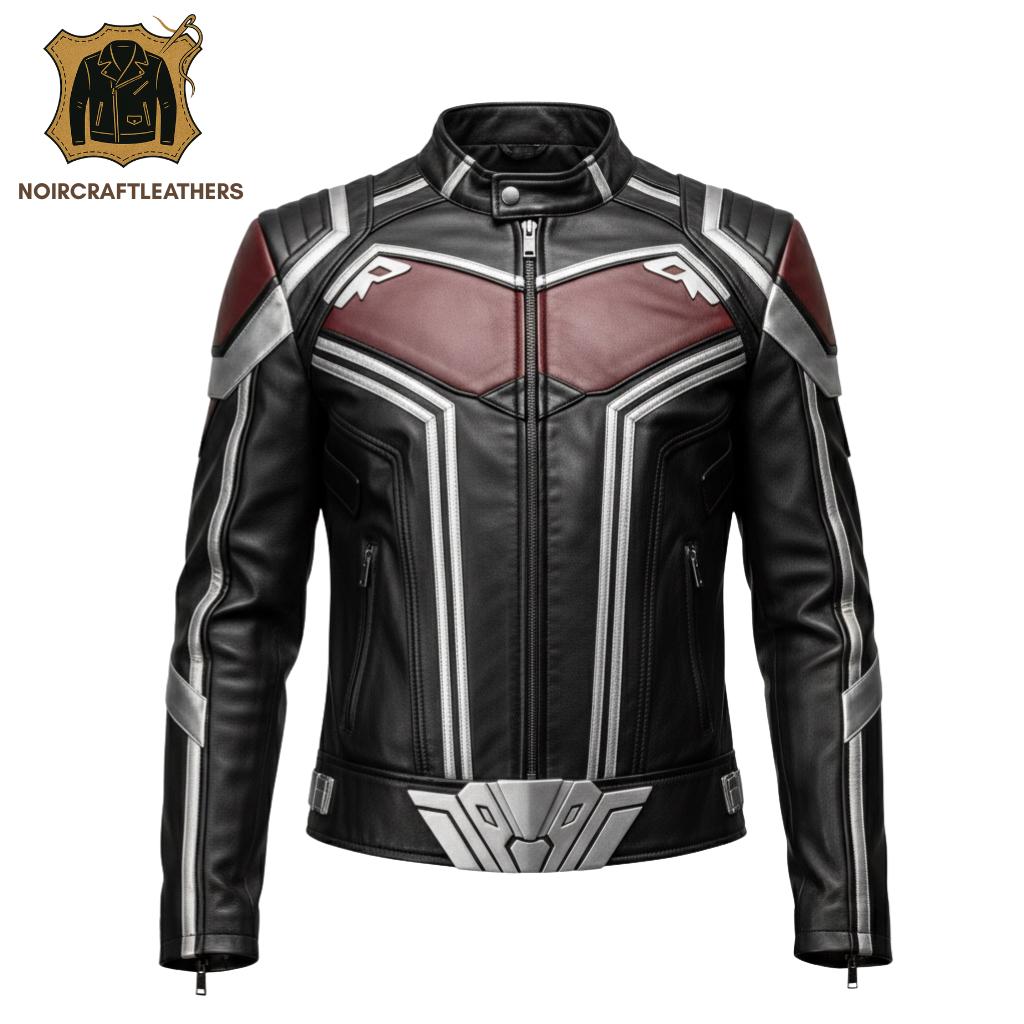 Black & Maroon Leather Superhero Motorcycle Jacket: Slim Fit Cosplay Biker