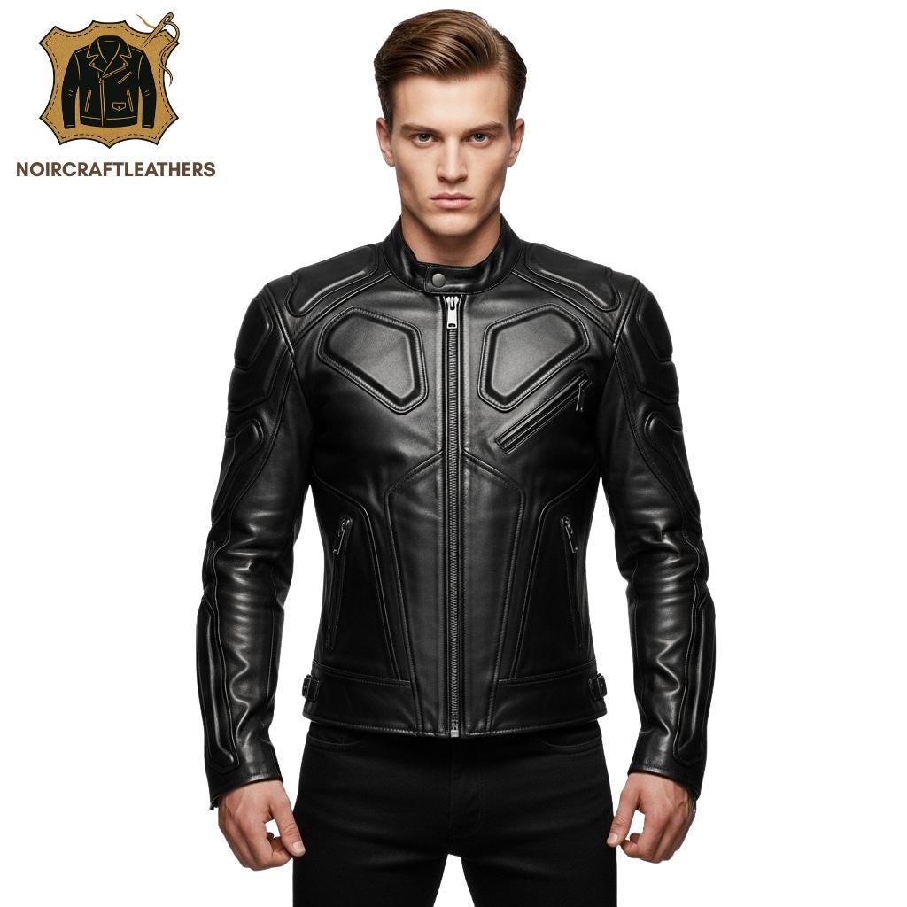 Black Cowhide Leather Motorcycle Jacket: Slim Fit Biker with Armor