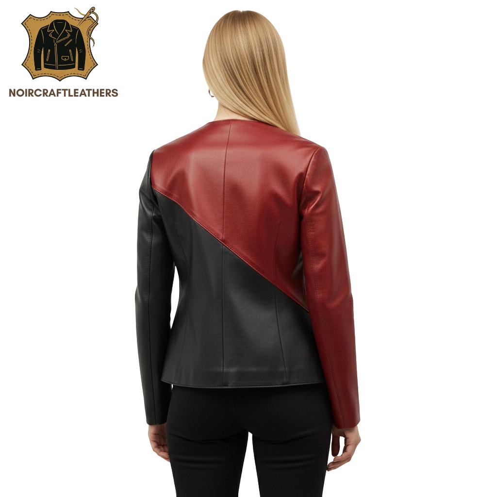 Asymmetrical Red & Black Lambskin Leather Moto Jacket