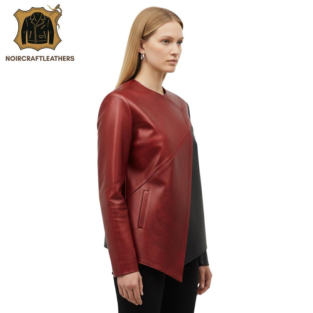 Asymmetrical Red & Black Lambskin Leather Moto Jacket