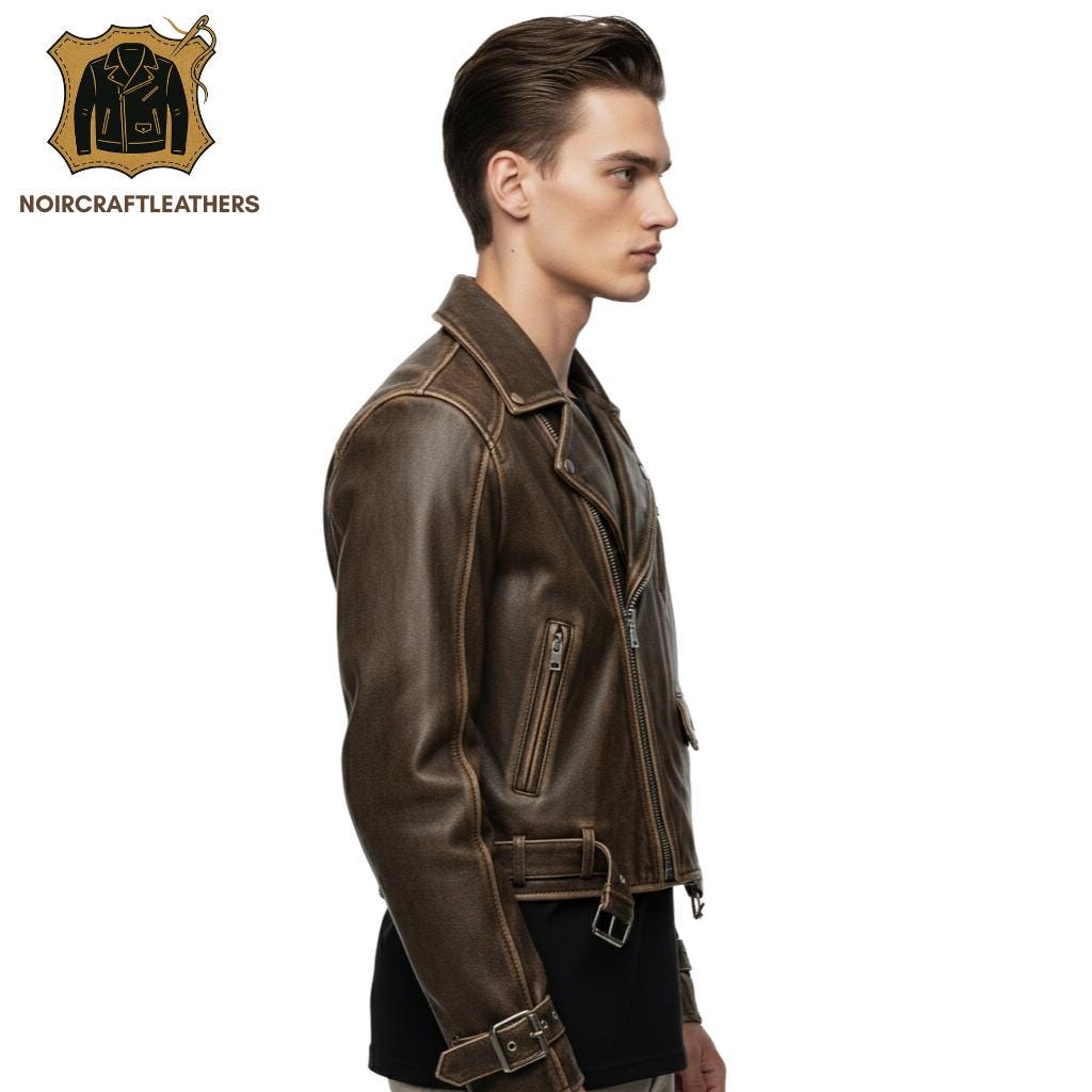 Men's Distressed Brown Biker Leather Jacket, Vintage Asymmetrical Motorcycle Style with Lapel Collar and Adjustable Waist Straps