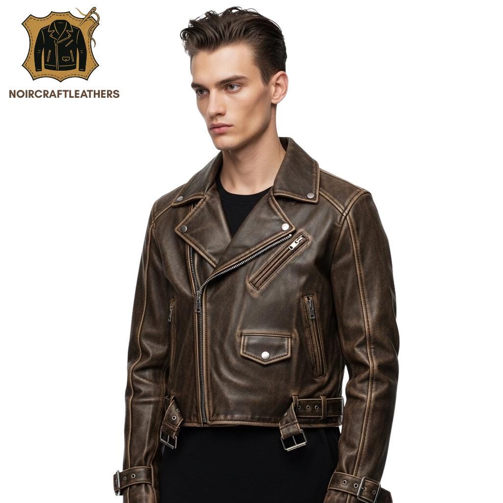 Men's Distressed Brown Biker Leather Jacket, Vintage Asymmetrical Motorcycle Style with Lapel Collar and Adjustable Waist Straps