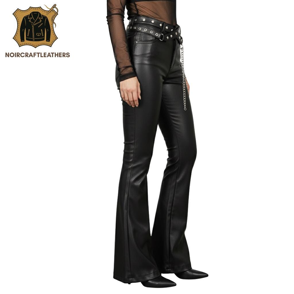 Black Lambskin Leather Flared Pants: Studded Belt Chain Detail, Goth Rock Style