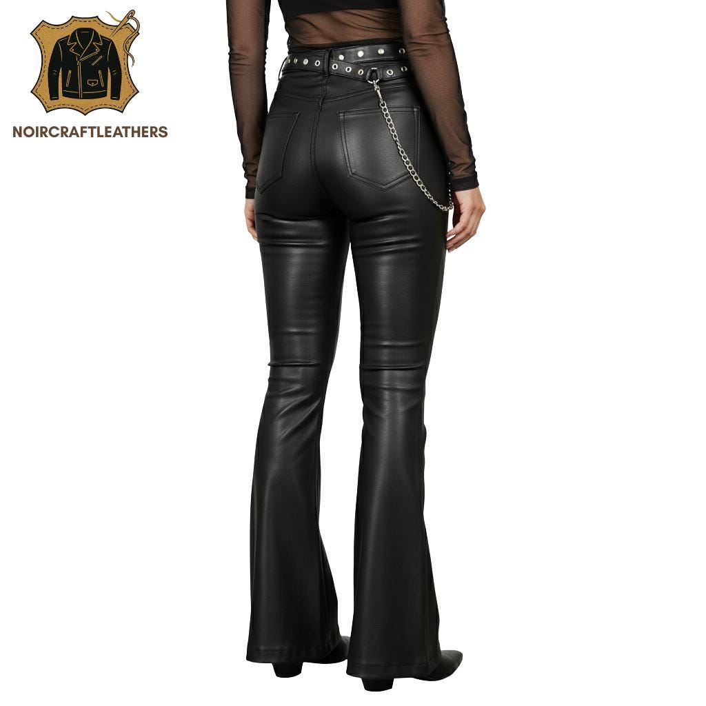 Black Lambskin Leather Flared Pants: Studded Belt Chain Detail, Goth Rock Style