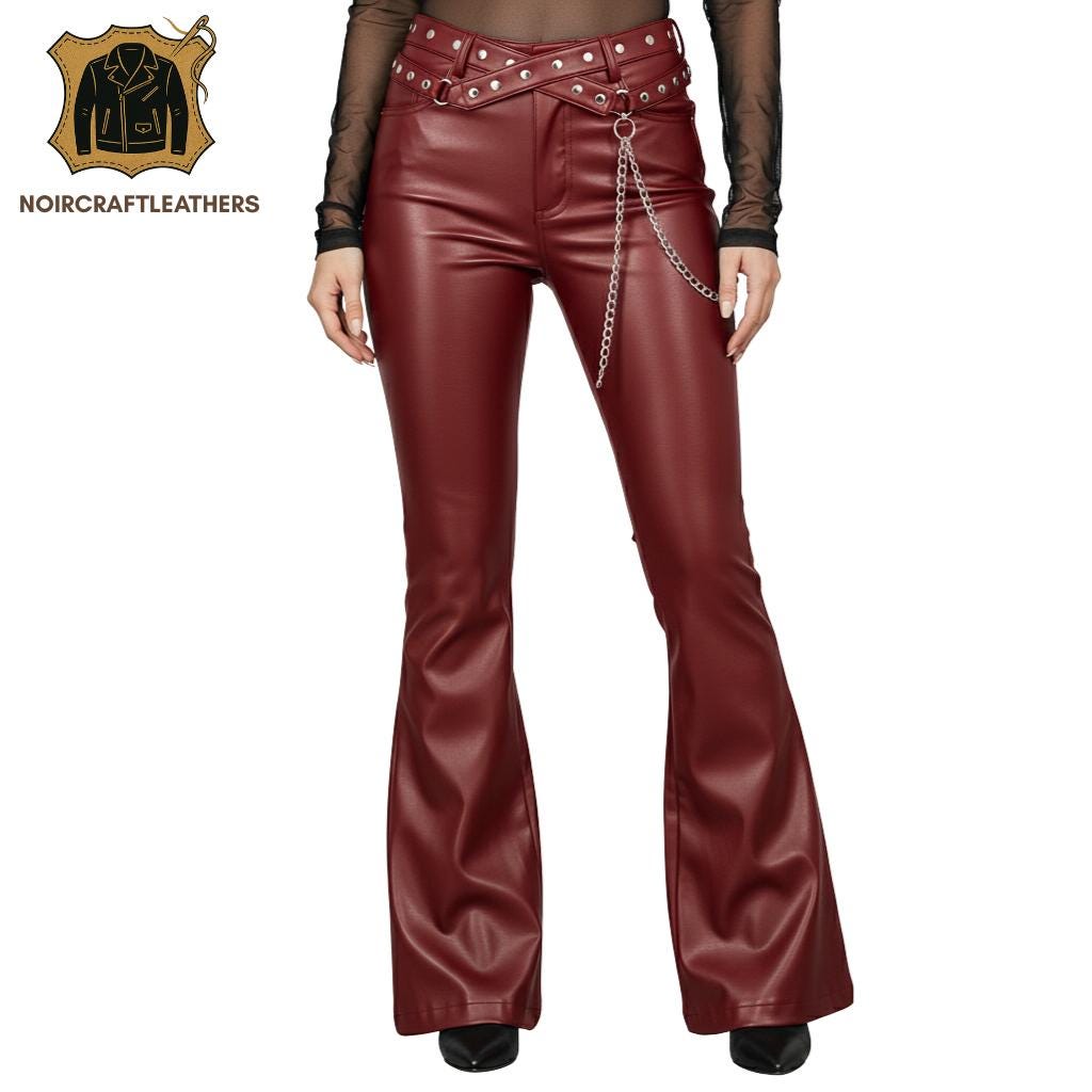 Black Lambskin Leather Flared Pants: Studded Belt Chain Detail, Goth Rock Style