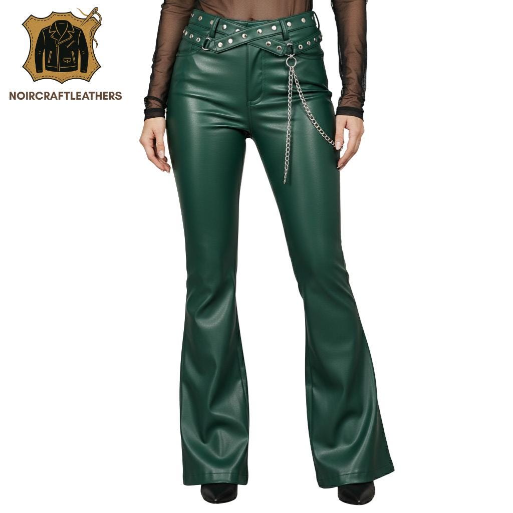 Black Lambskin Leather Flared Pants: Studded Belt Chain Detail, Goth Rock Style