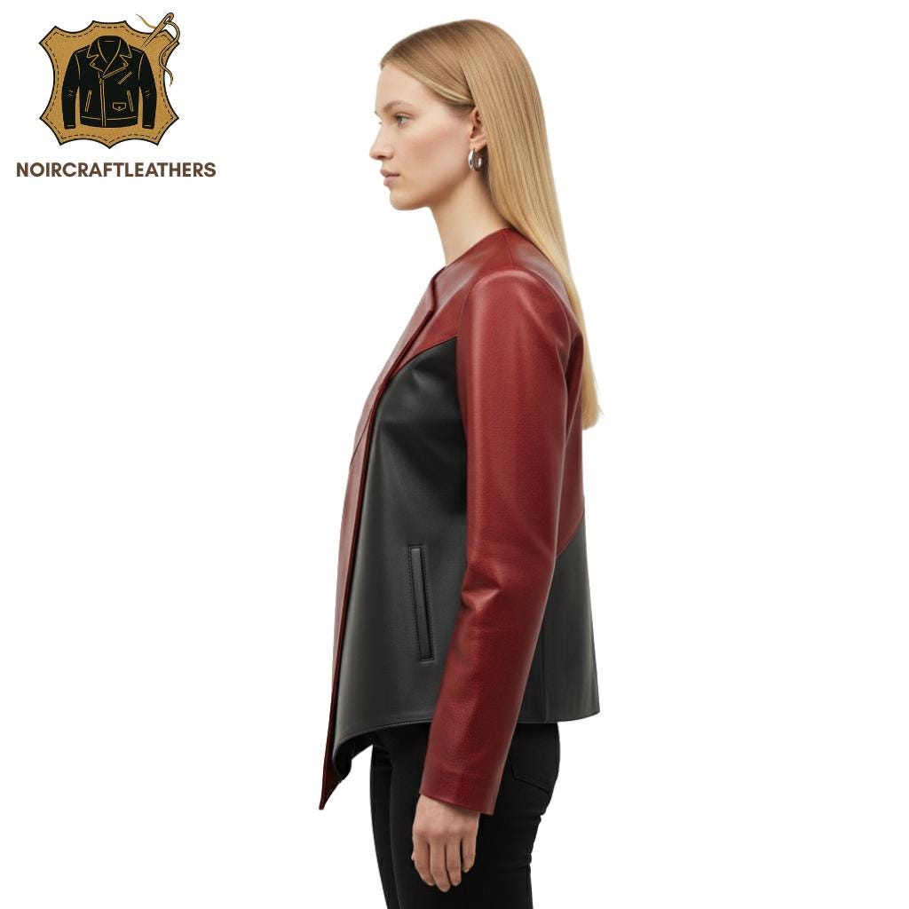 Asymmetrical Red & Black Lambskin Leather Moto Jacket