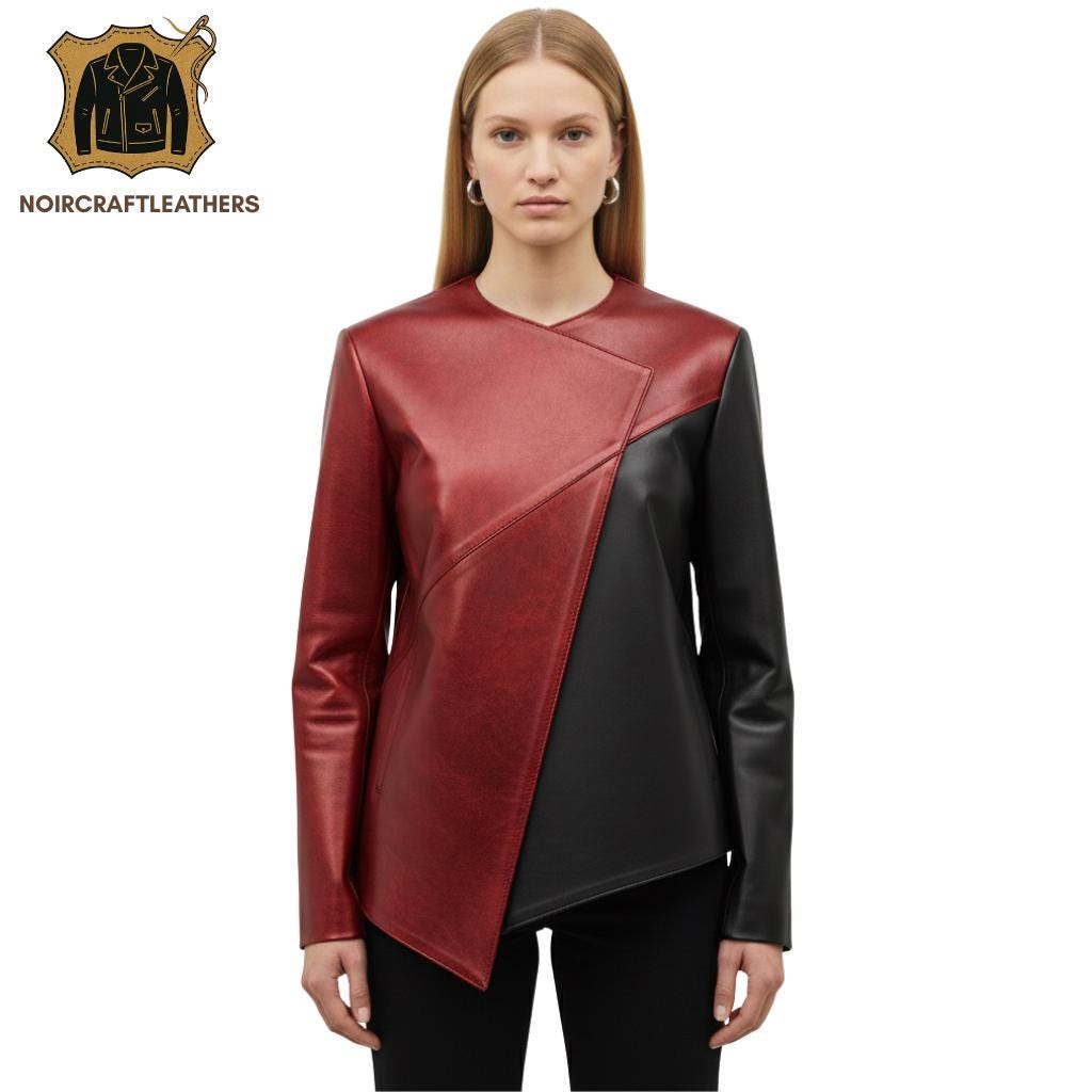 Asymmetrical Red & Black Lambskin Leather Moto Jacket
