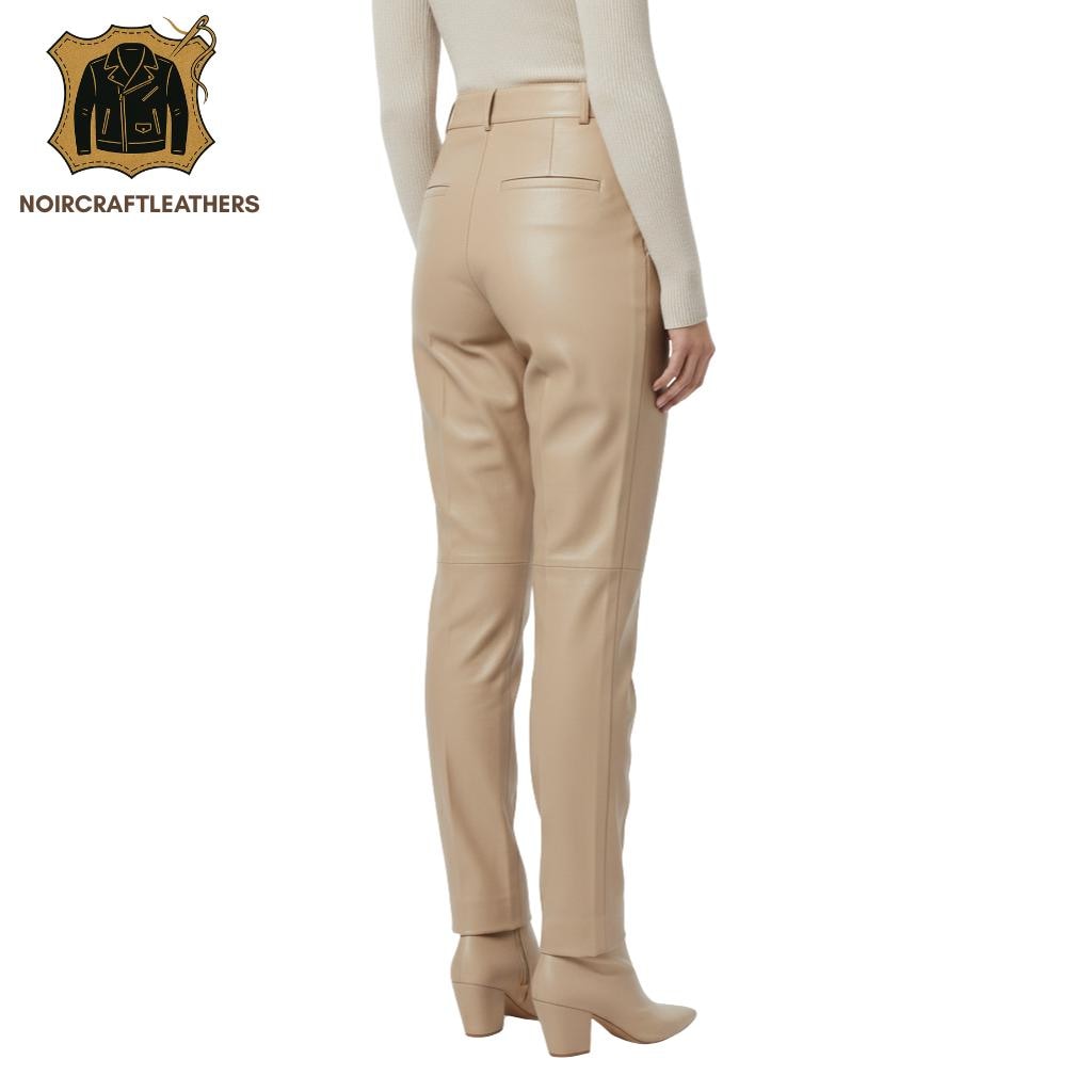 Beige Lambskin Leather Trousers: High Waisted Pleated Pants