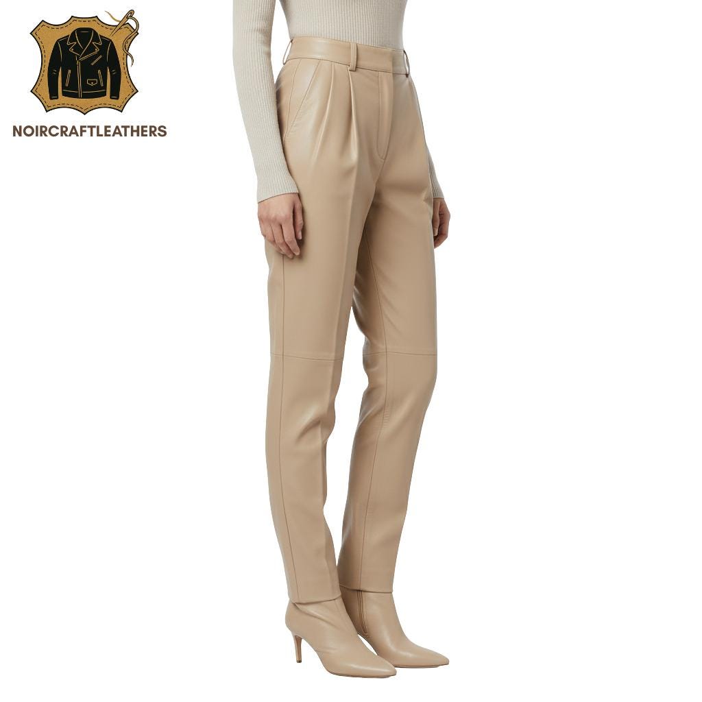 Beige Lambskin Leather Trousers: High Waisted Pleated Pants