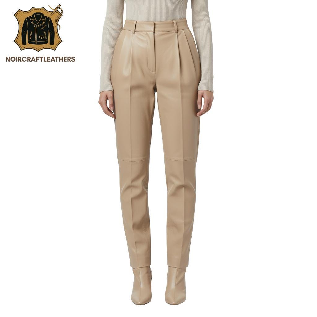 Beige Lambskin Leather Trousers: High Waisted Pleated Pants