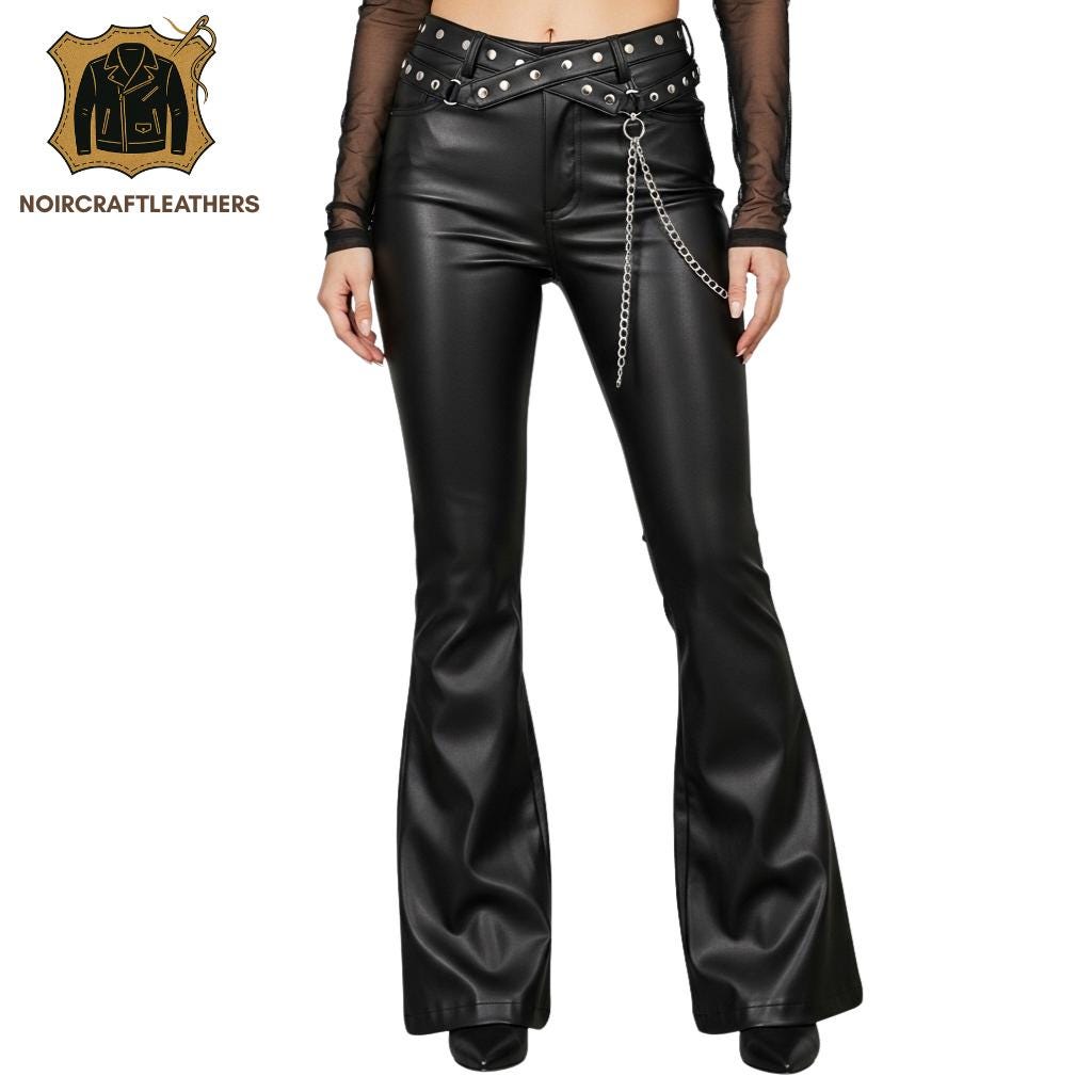 Black Lambskin Leather Flared Pants: Studded Belt Chain Detail, Goth Rock Style