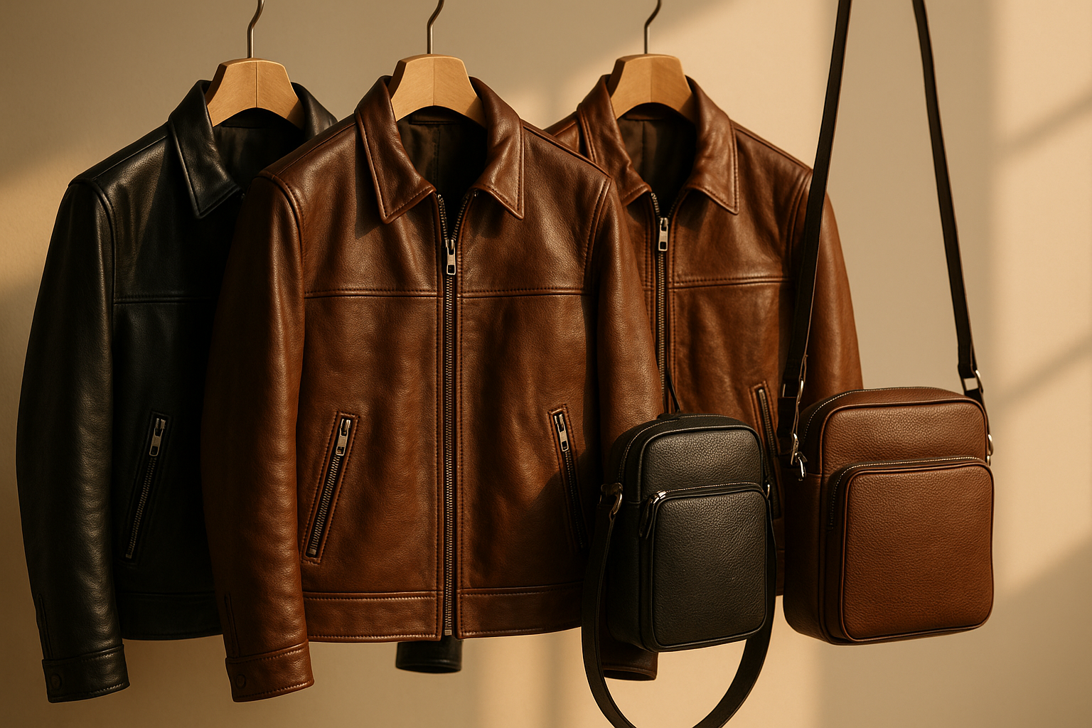 Ultra-realistic product showcase for a luxury leather brand called NoirCraft Leathers. Display elegant men’s leather jackets and crossbody bags hanging on sleek wooden hangers in a soft neutral background. Natural warm lighting highlighting leather texture, craftsmanship, and details. Minimal, modern, and classy studio setting — aesthetic vibe, shallow depth of field, perfect composition for Shopify homepage slideshow, high-resolution (4K), responsive for mobile and desktop, no text, no logo.