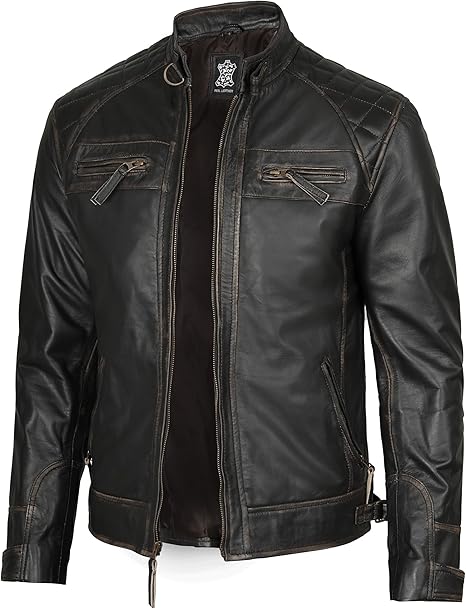 Decrum Men’s Cafe Racer Leather Jacket – Real Lambskin, Classic Style