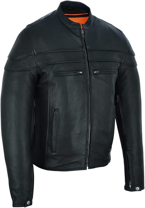 Men’s Sporty Black Leather Motorcycle Jacket – Stripe Detailing & Multi-Pocket Biker Jacket