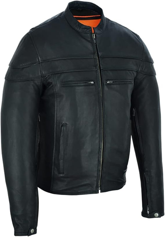 Men’s Sporty Black Leather Motorcycle Jacket – Stripe Detailing & Multi-Pocket Biker Jacket