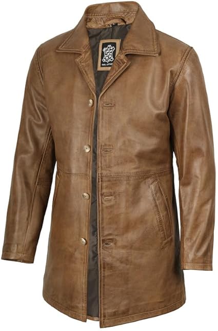 Men’s Vintage-Style Long Leather Coat – Classic Blingsoul Leather Jacket
