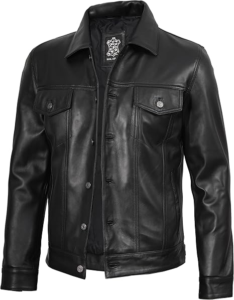 Decrum Men’s Vintage Trucker Leather Jacket – Real Lambskin, Classic Style