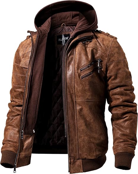 Men’s Brown Leather Motorcycle Jacket – Removable Hood, Classic Biker Style