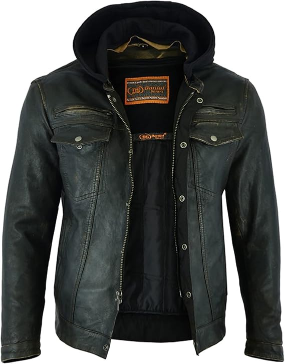 Men’s Lambskin Motorcycle Jacket – Mandarin Collar with Removable Hoodie & YK Zippers