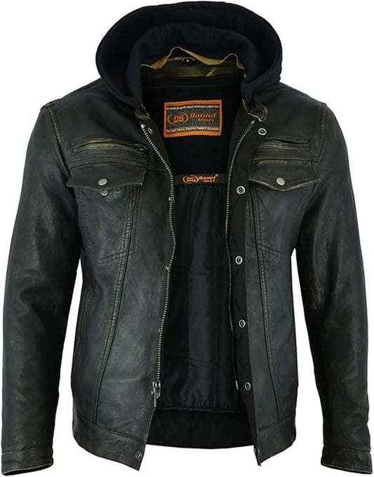 Men’s Lambskin Motorcycle Jacket – Mandarin Collar with Removable Hoodie & YK Zippers