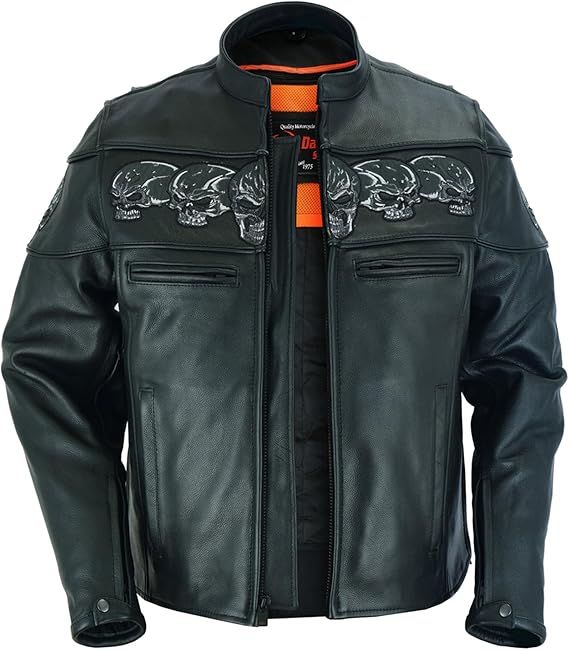Men's Motorcycle Leather Jacket Reflective Skull Design Leather Jacket for Man with inside inside